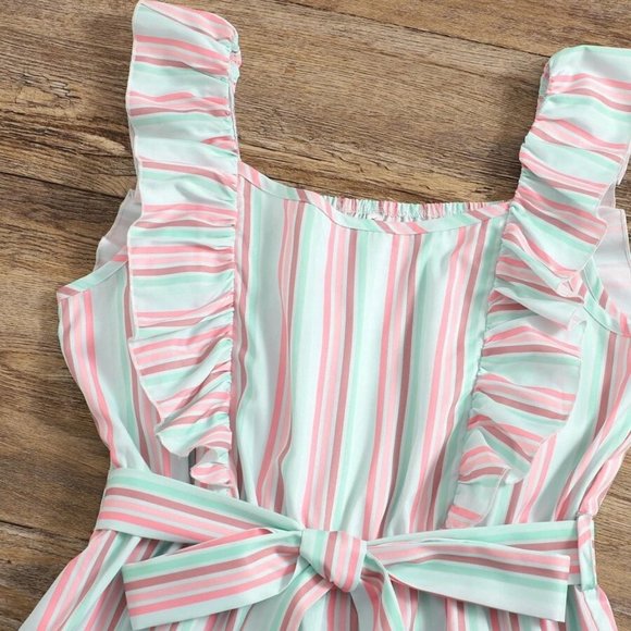 Women's Romper XL Baby Pink-Mint Green Stripes Ruffle Trim Romper w/ Belt 12-14 - Picture 3 of 7